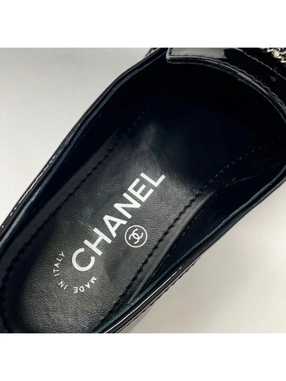 Chanel Patent Coco Mark Chain Loafers Black White